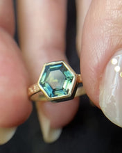 Load and play video in Gallery viewer, Teal Green Hexagon Sapphire Ring With Engraved Band
