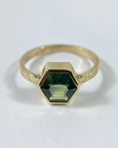 Teal Green Hexagon Sapphire Ring With Engraved Band